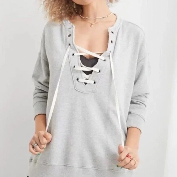 Aerie Lace Up Oversized Crew Sweatshirt Heather Gray Size Small - Picture 1 of 5